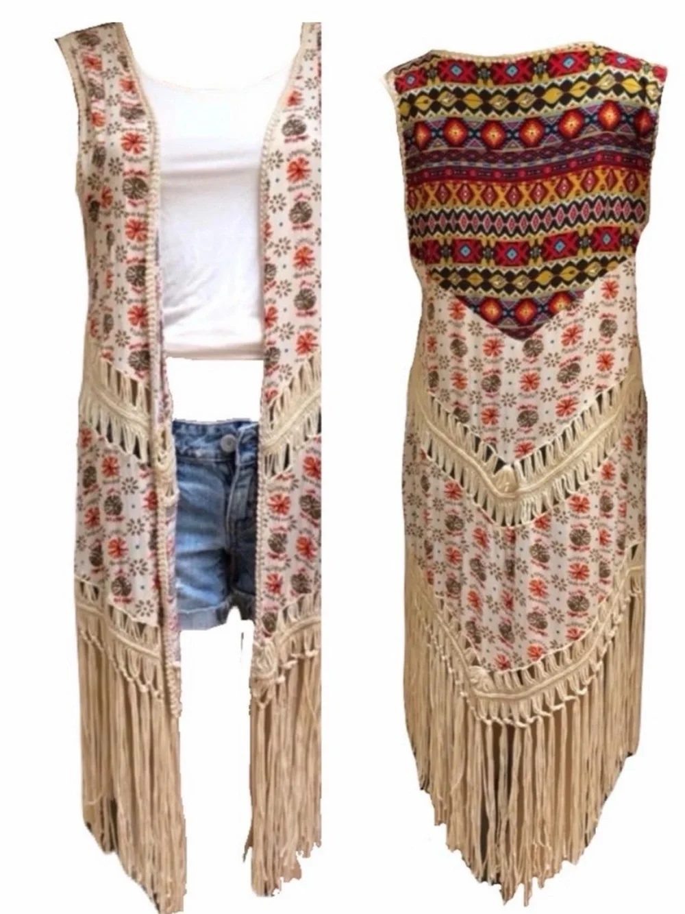 Umgee Boho Aztec Fringe Long Duster Vest Crochet Trim Plus Size 1XL - Picture 6 of 16